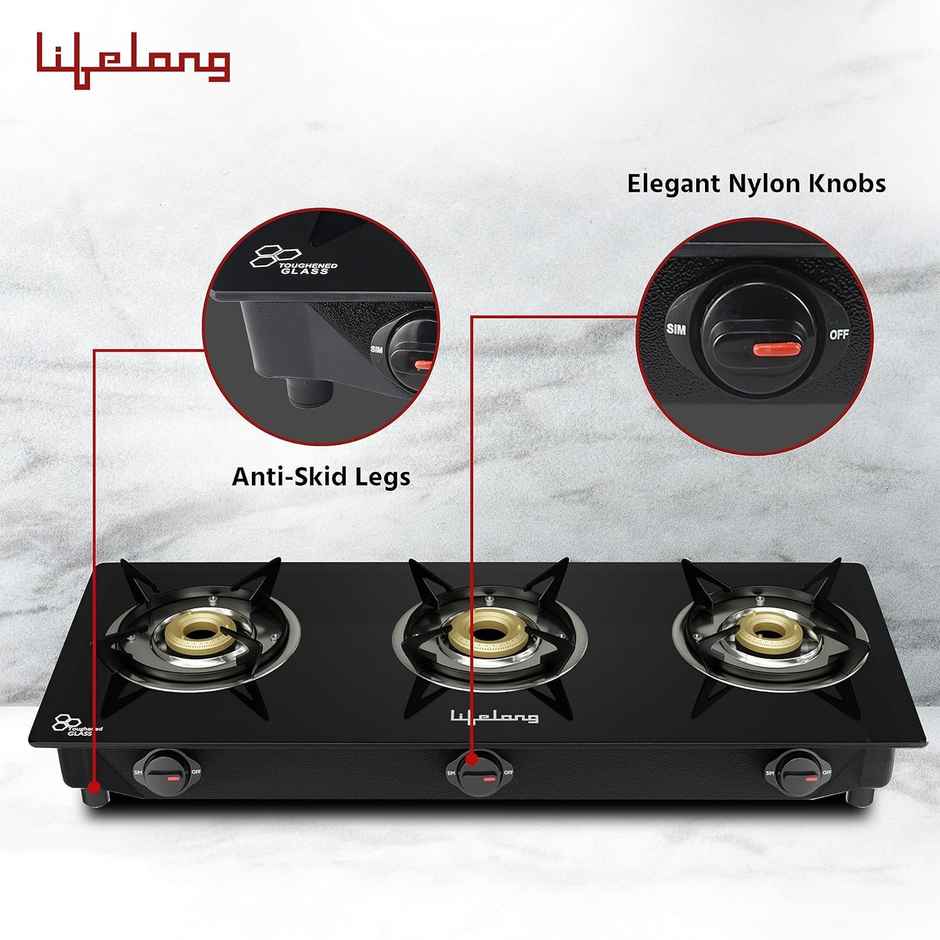 Lifelong 3 Burner Gas Stove Top -Automatic Ignition for Modular Kitchen| Compatible with LPG