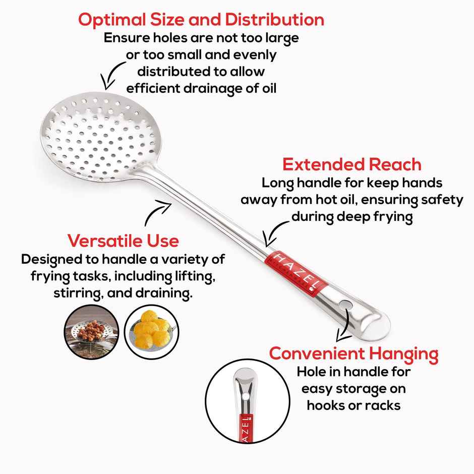 Hazel Stainless Steel Puri Frying Strainer Jhara, Deep Fry Chalni With Handle