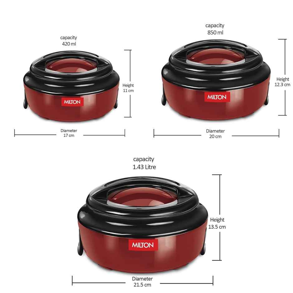 Milton Ernesto Inner Stainless Steel Casserole Set Of 3 | 420 ml, 850 ml, 1.43 Liters | Red