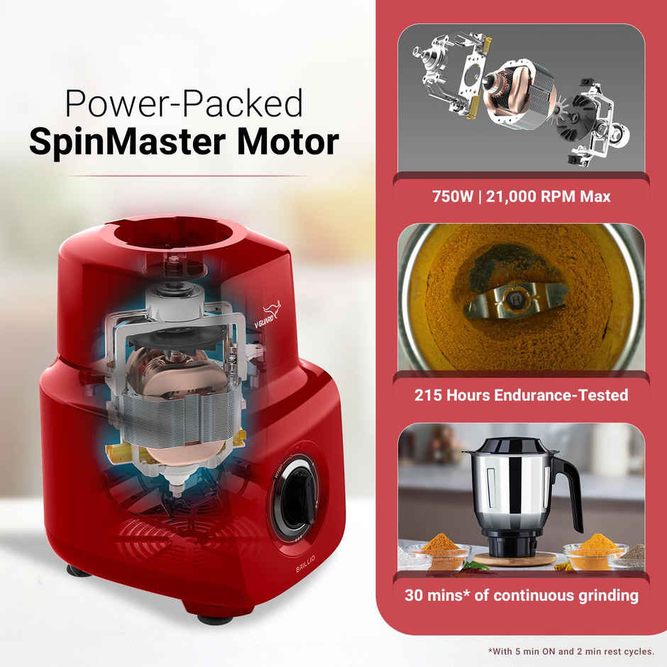 V-Guard Brillio 750 W Powerful Mixer Grinder | Stainless Steel Blades | Red