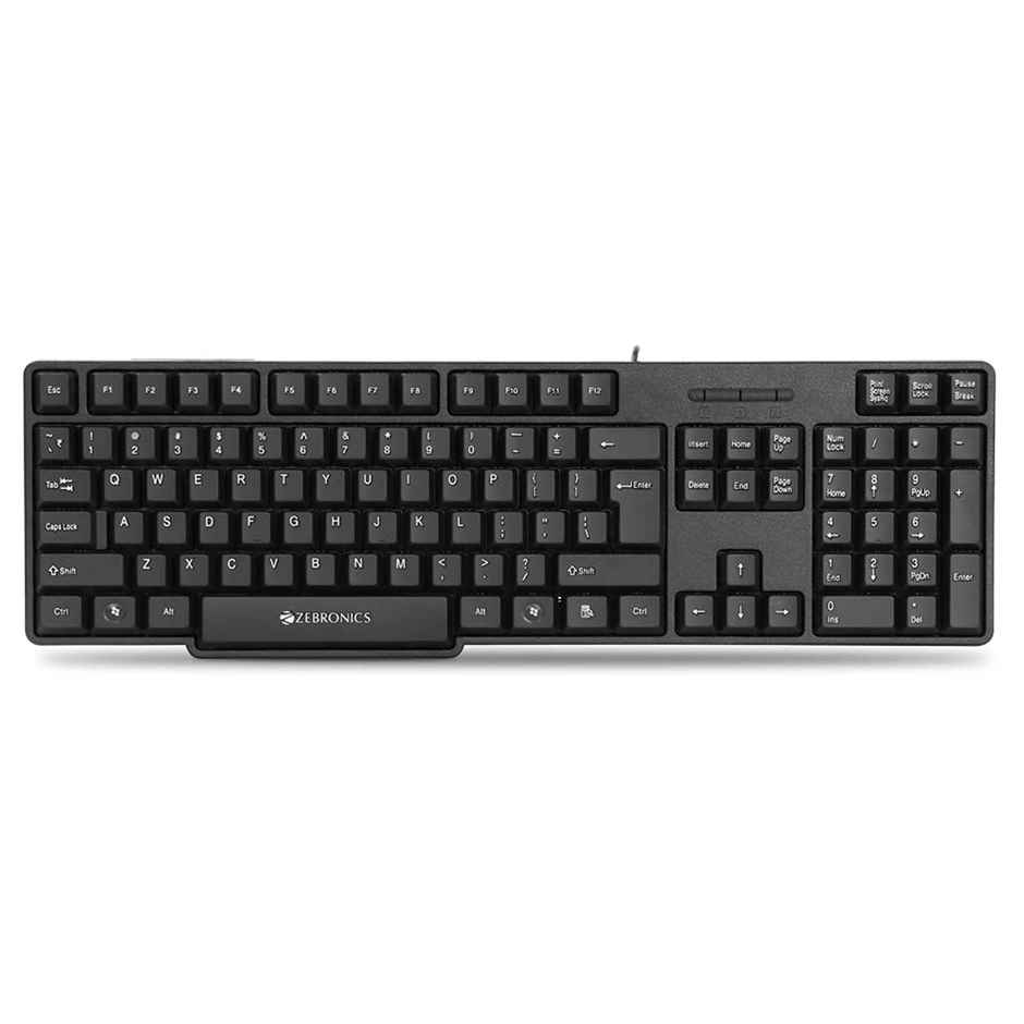 Zebronics K20 Wired Keyboard, 104 Keys, 1.2m Cable, With Rupee Key, UV Coated Keys, USB Interface, Retractable Stand, Plug and Play - Black