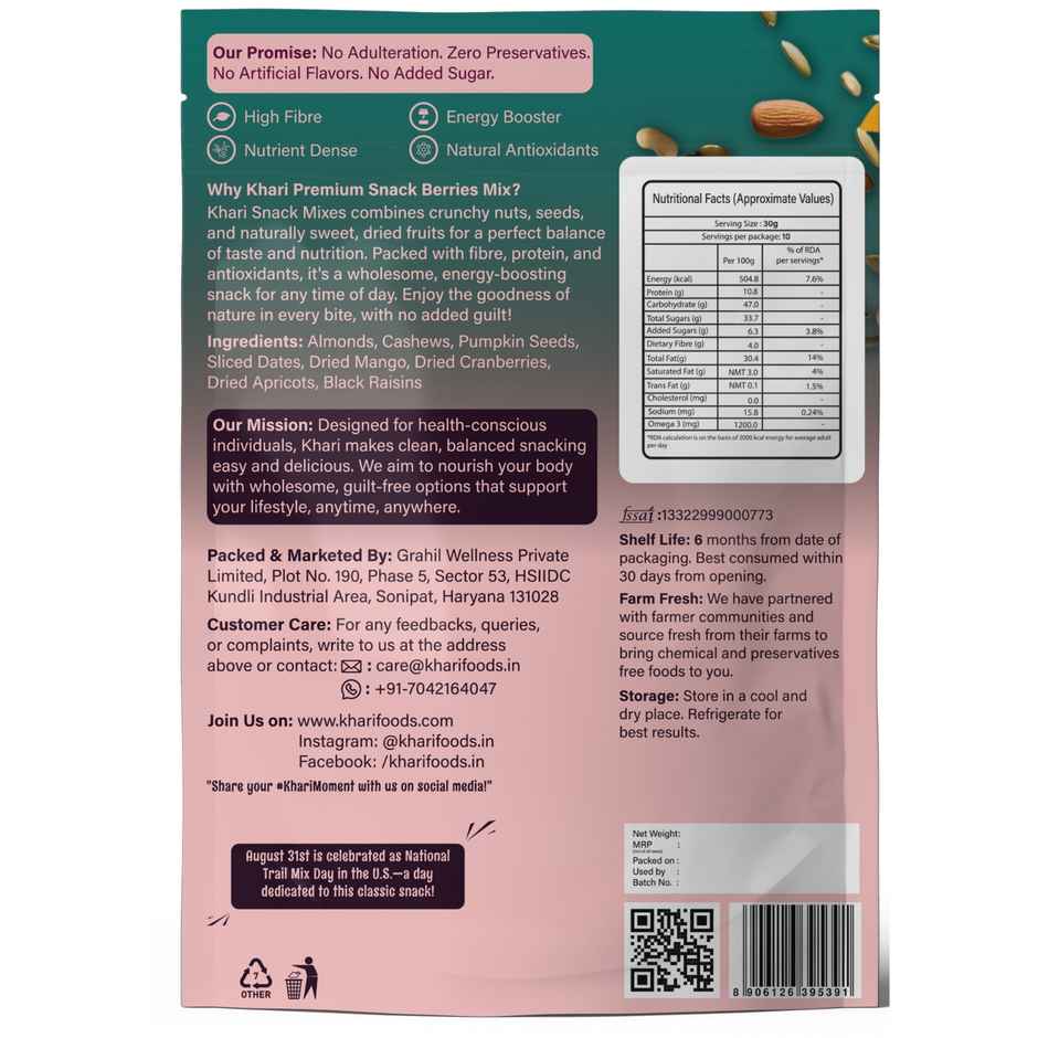 Khari Foods Premium Daily 8 in 1 Trail Mix | Almonds, Cashews, Dates, Raisins & More | Healthy Dry Fruit Mix