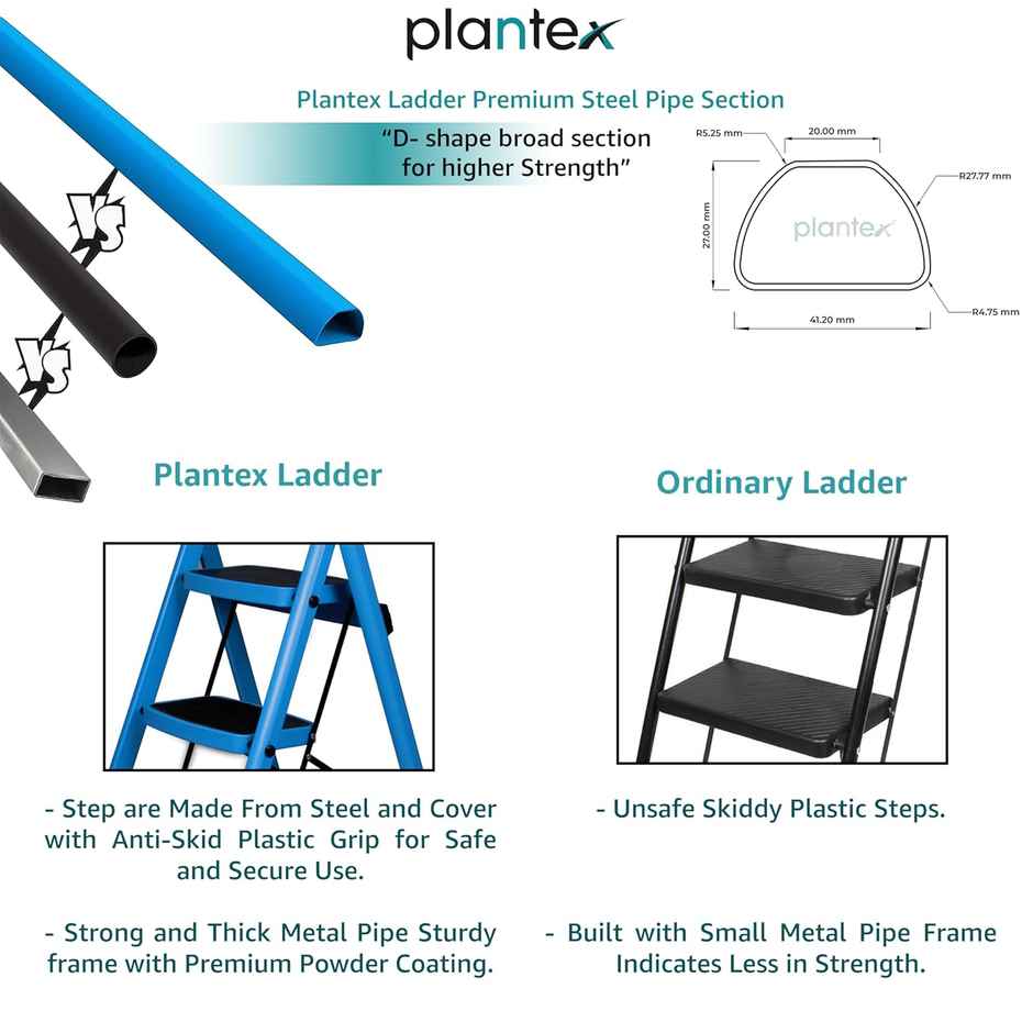 Plantex Premium Foldable 5-Step Steel Ladder for Home Use - Anti-Skid Steps, Blue and Black