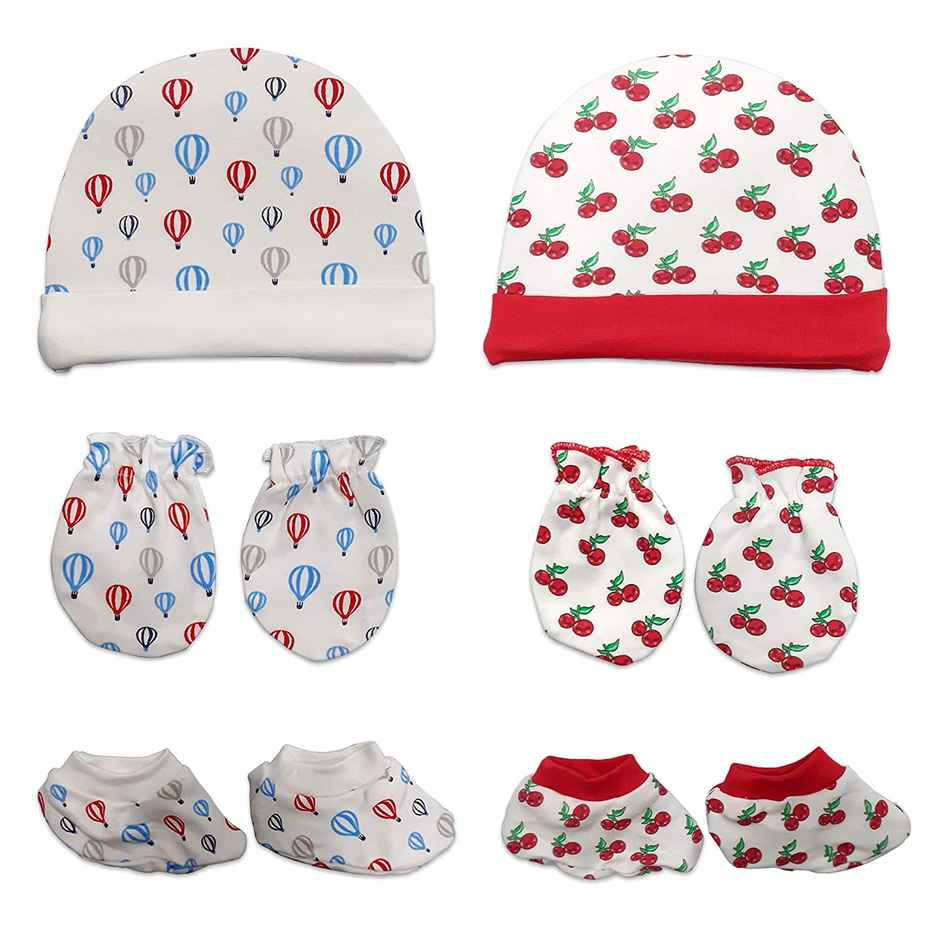 LuvLap 100% Cotton Baby Caps, Mittens and Booties Combo Set for 0-6 Months - Pack of 2 (Assorted)