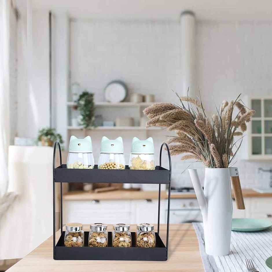 Go Hooked 2-Tier Metal Standing Rack | Vanity Storage Standing Shelf | Black