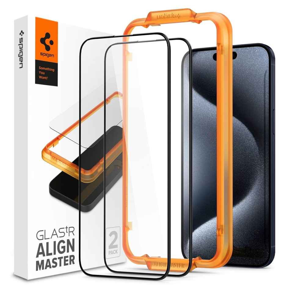Spigen Alignmaster Full Coverage Tempered Glass Screen Protector Guard - Iphone 15 Pro - 2 Pack