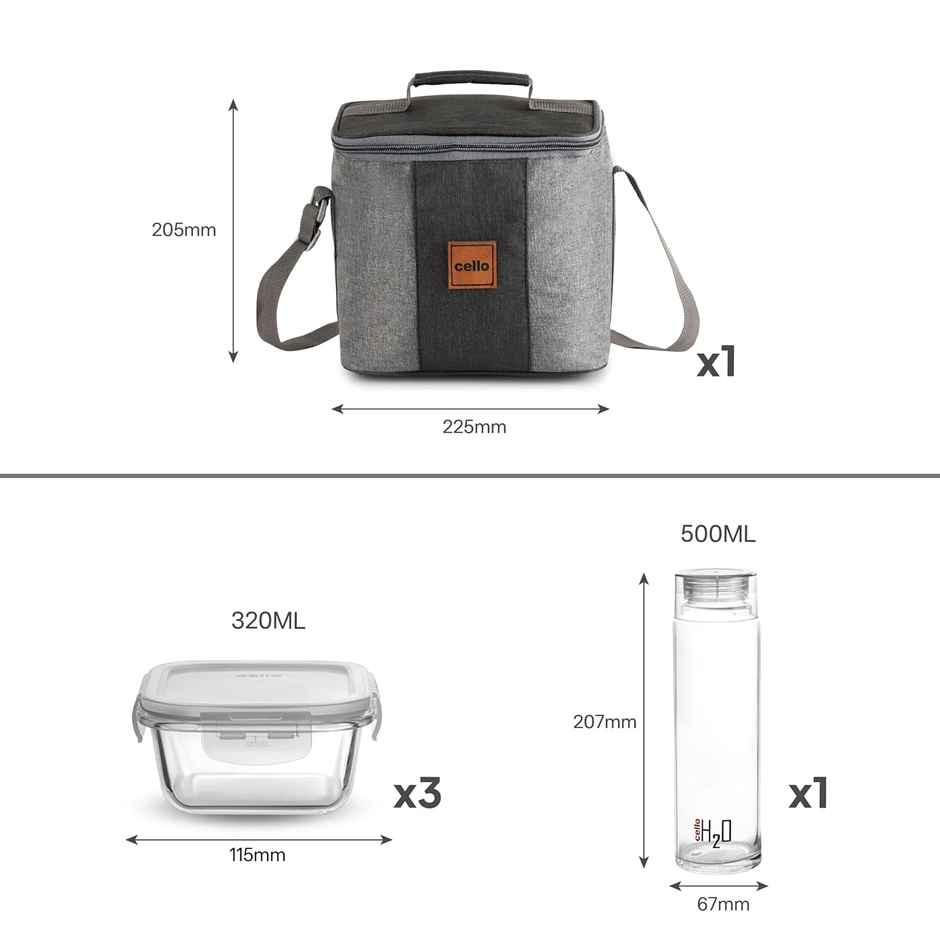 Cello Glassy Square Bottle Lunch Box | Borosilicate Glass | 3 x 320ml and 500 ml | Clear