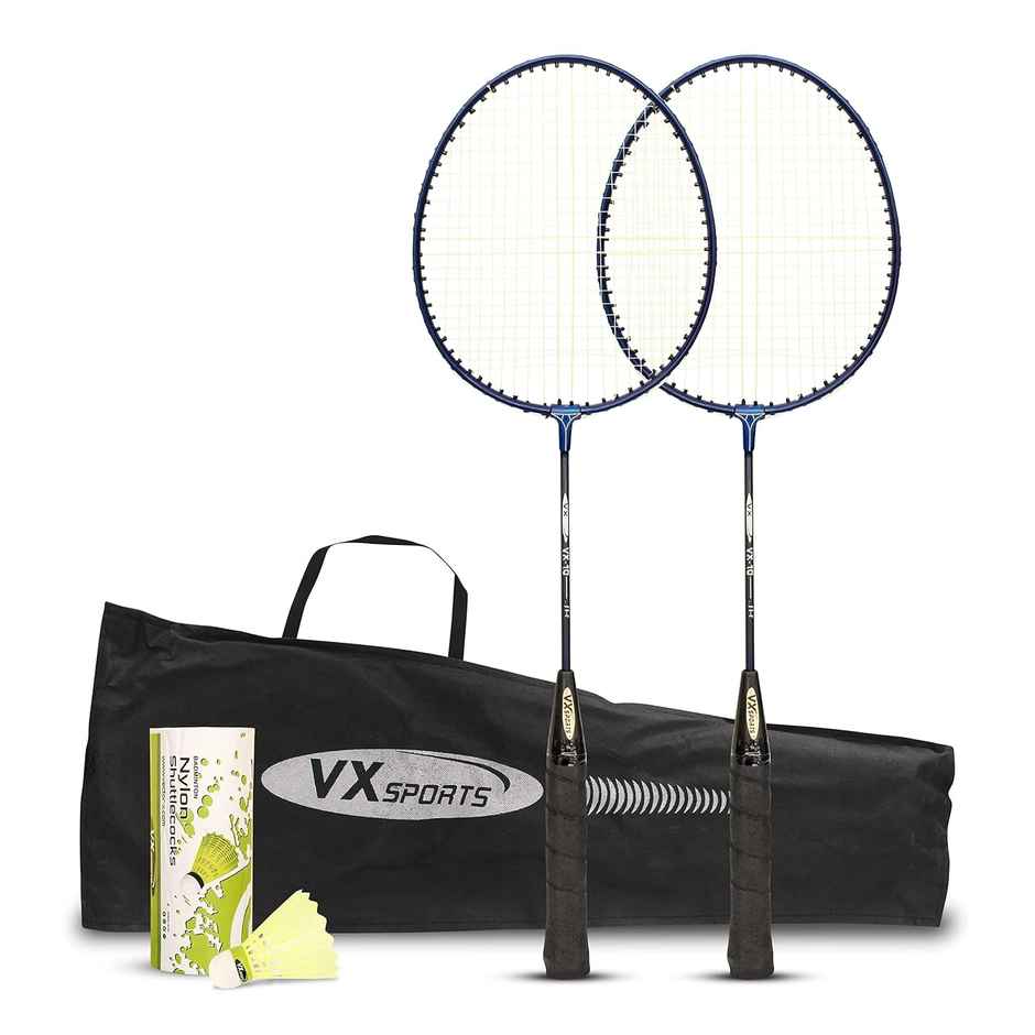 Vector X VXB-10 2x Aluminum Badminton Rackets with 3x Nylon Shuttlecocks | Blue