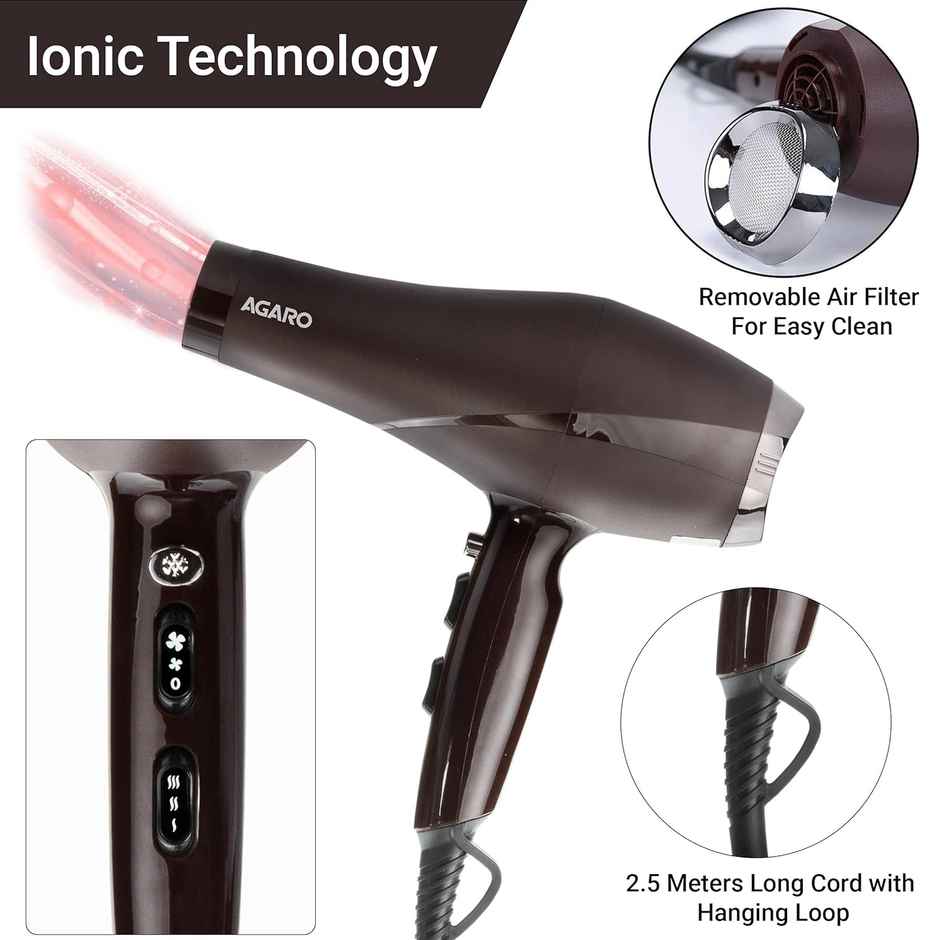AGARO 2000 Watts Professional Hair Dryer with AC Motor, Concentrator, Diffuser,Comb,Hot & Cold Air