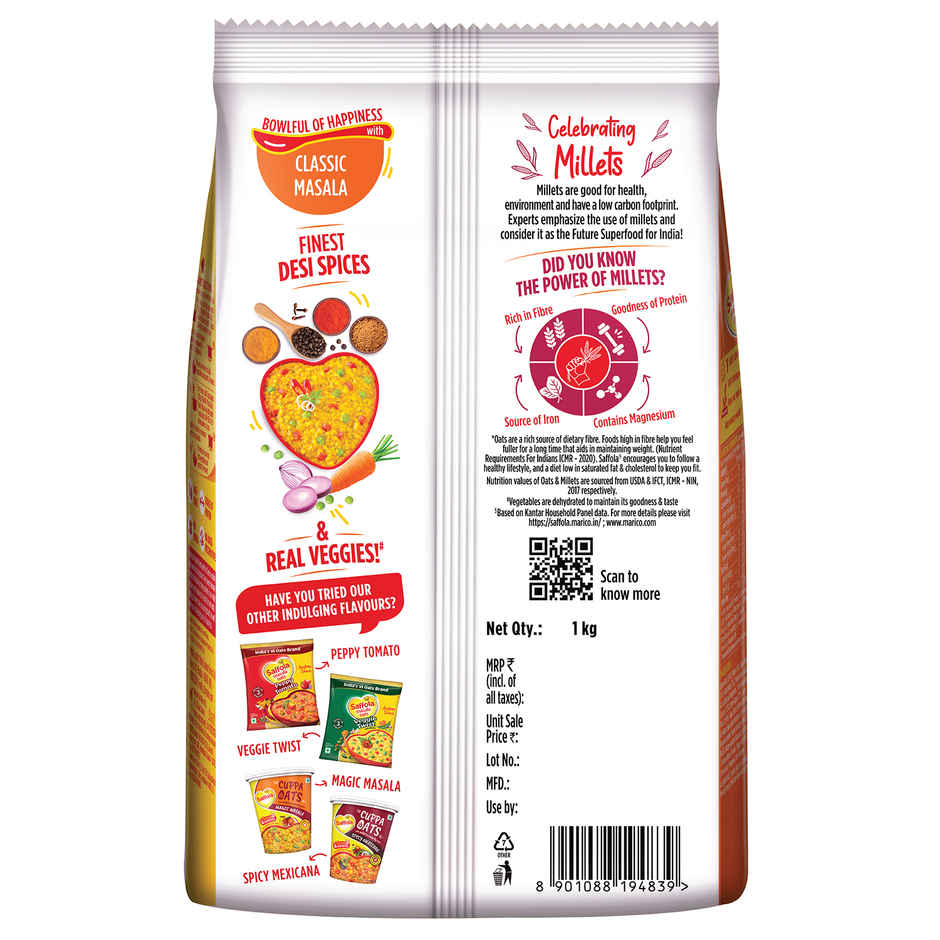Saffola Masala Oats |Classic Masala | Anytime Snack | Ready in 3 mins | Millets Goodness |1kg
