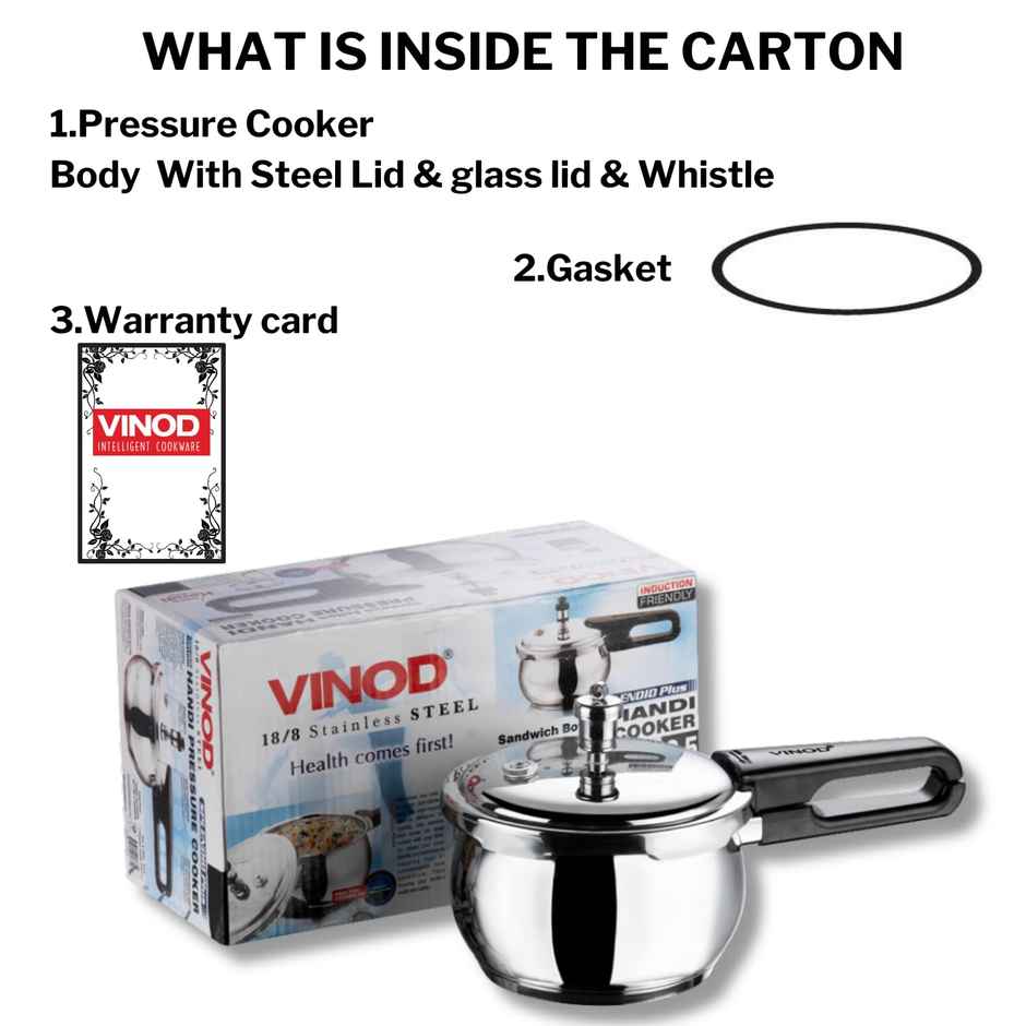 Vinod 18/8 Stainless Steel Splendid Plus Pressure Cooker - 2.5 Litres With Extra Glass Lid