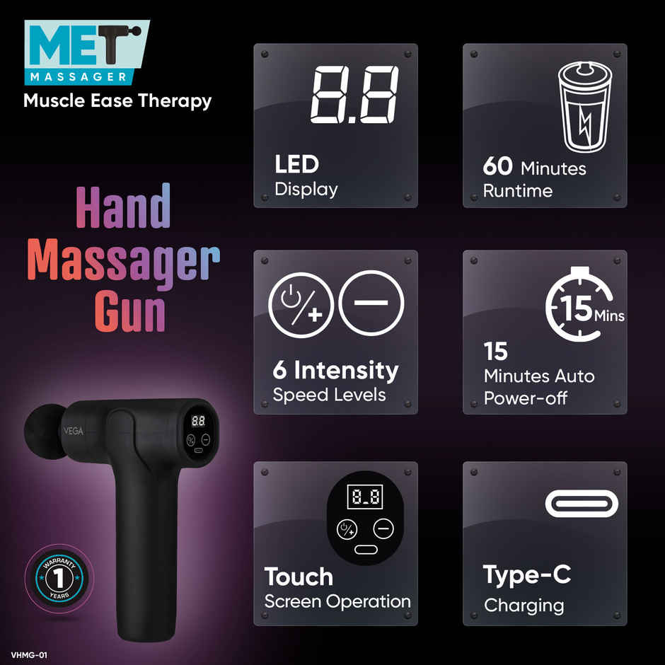 Vega Hand Massage Gun With Muscle Ease Therapy for Body Pain Relief With Touch Display - Vhmg-01