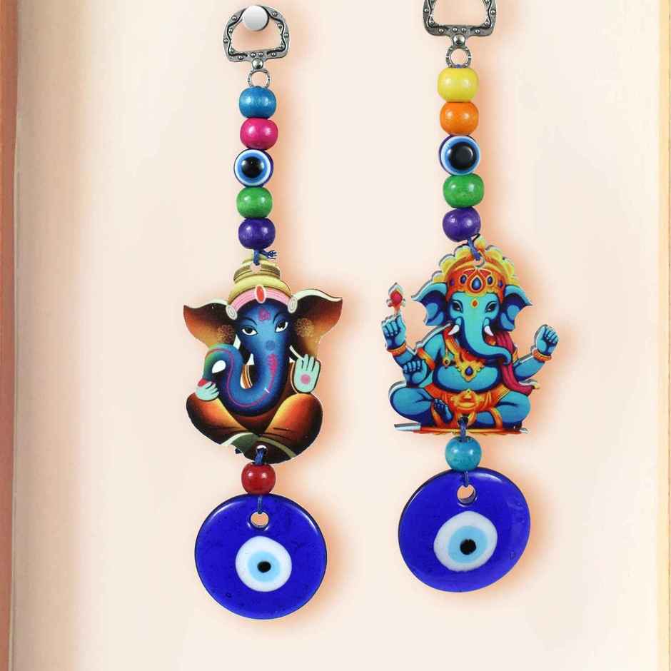 Tied Ribbons Set of 2 Feng Shui Blue Evil Eye Ganesha Pendant Ornament Amulet