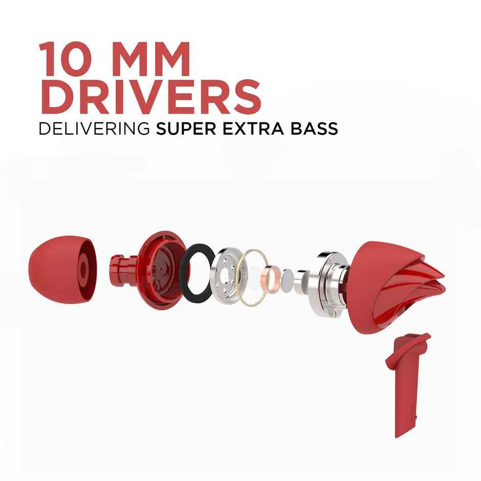 boAt BassHeads 100 Wired Earphones with Hawk Inspired Design, Super Extra Bass & Mic (Furious Red)