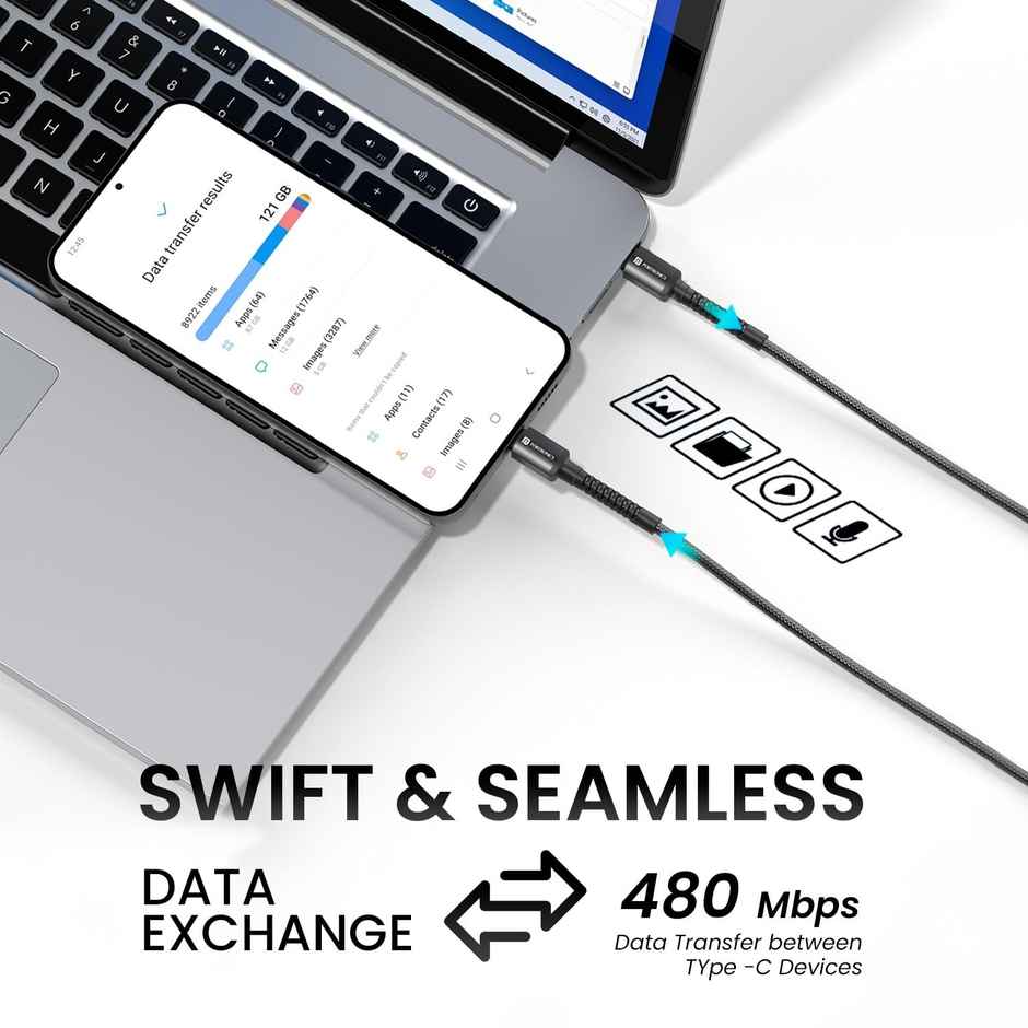 Portronics Konnect X 60W Type C -Type C Nylon Braided Cable | TypeC devices | Black - 2 m