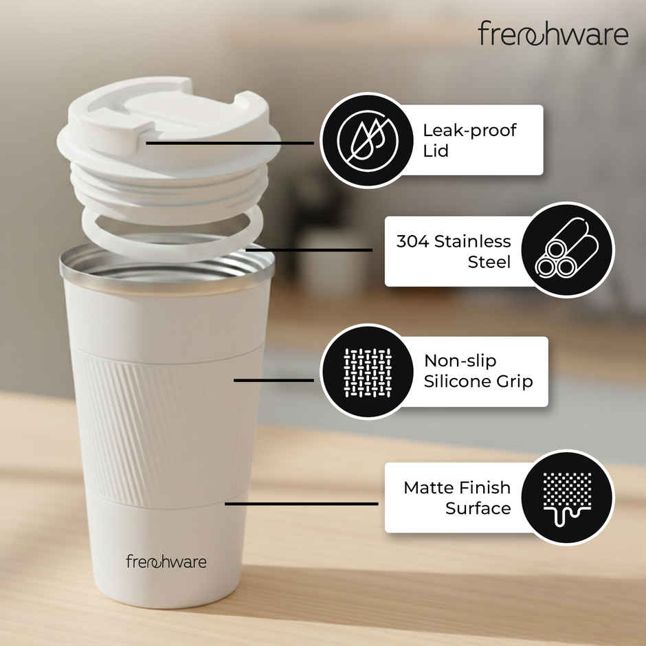 Frenchware Insulated Coffee Mug 510 ml, Double Wall Vacuum, Leakproof Lid - White