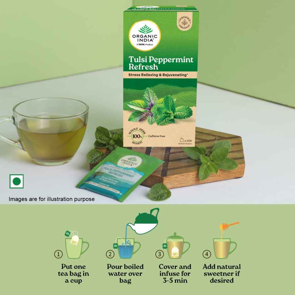 Organic India Tulsi Peppermint 25 Tea Bags, Stress Relieving & Rejuvenating