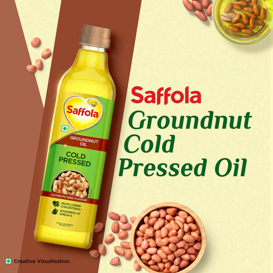 Saffola Gold Oil, Power Of 3, Pouch (910g) & Saffola Groundnut (Peanut) Cold Pressed Oil | Cold Pressed Groundnut Oil | Helps Lower Cholesterol (1L) Combo
