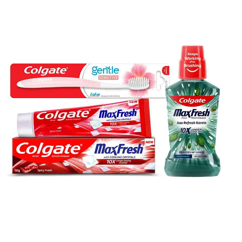 Colgate Sensitive Soft Bristles Toothbrush (1pc) & Colgate Max Fresh Plax Mouthwash - Fresh Mint (250ml) & Colgate Maxfresh Toothpaste, Blue Gel Paste With Menthol For Super Fresh Breath (Peppermint Ice) (150g) Combo
