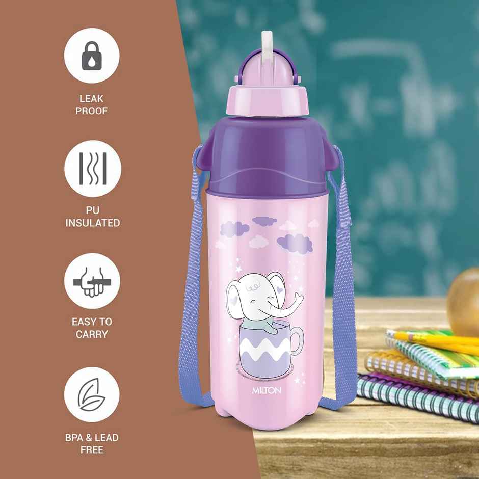 Milton Kool Trendy 500 Plastic Insulated Water Bottle With Straw For Kids | 490 ml | Purple