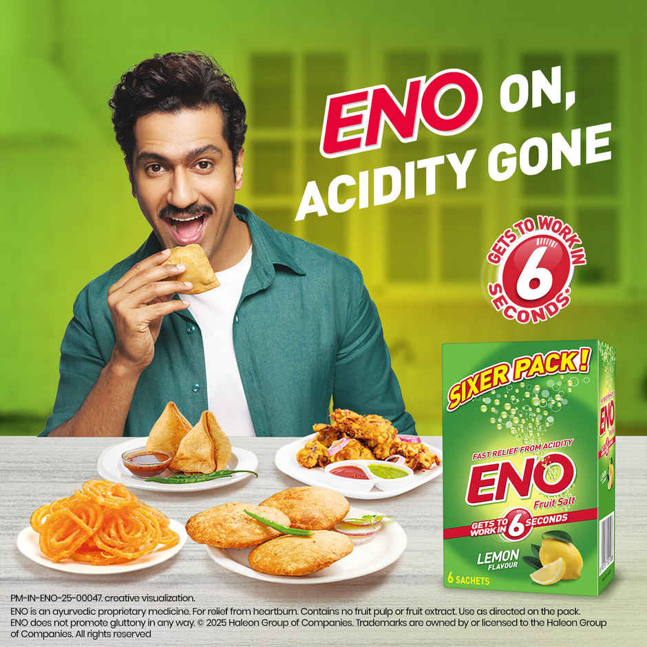 ENO Lemon Ayurvedic Antacid, Gets to Work in 6 Secs for Instant Acidity Relief - Pack of 6 Sachets