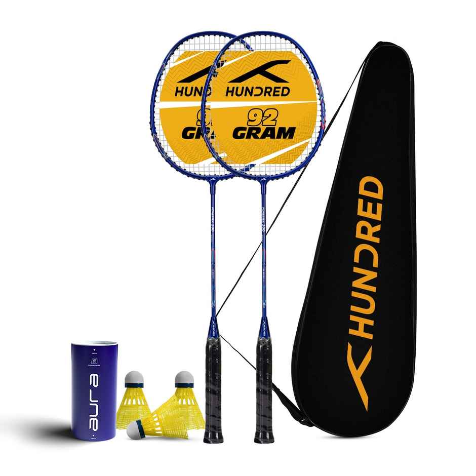Hundred Powertek 200 Badminton Racket (2 Rackets, 1 Full Cover&3 pc Aura Nylon Shuttlecocks)