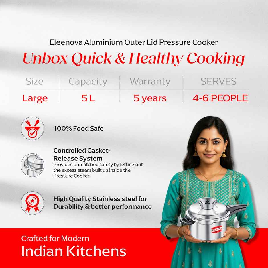 Eleenova Vintage Anti Spill Aluminium Outer Lid Pressure Cooker with Spill Bowl | 5 L | Non - Induction