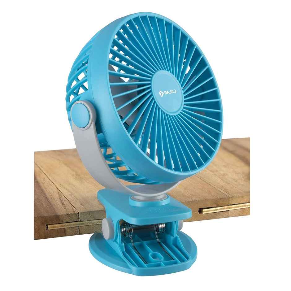 Bajaj Pygmy Mini Fan 110MM | USB Charging | Multi-Clip Function | Rechargeable | 4-Hr Back-up, Blue