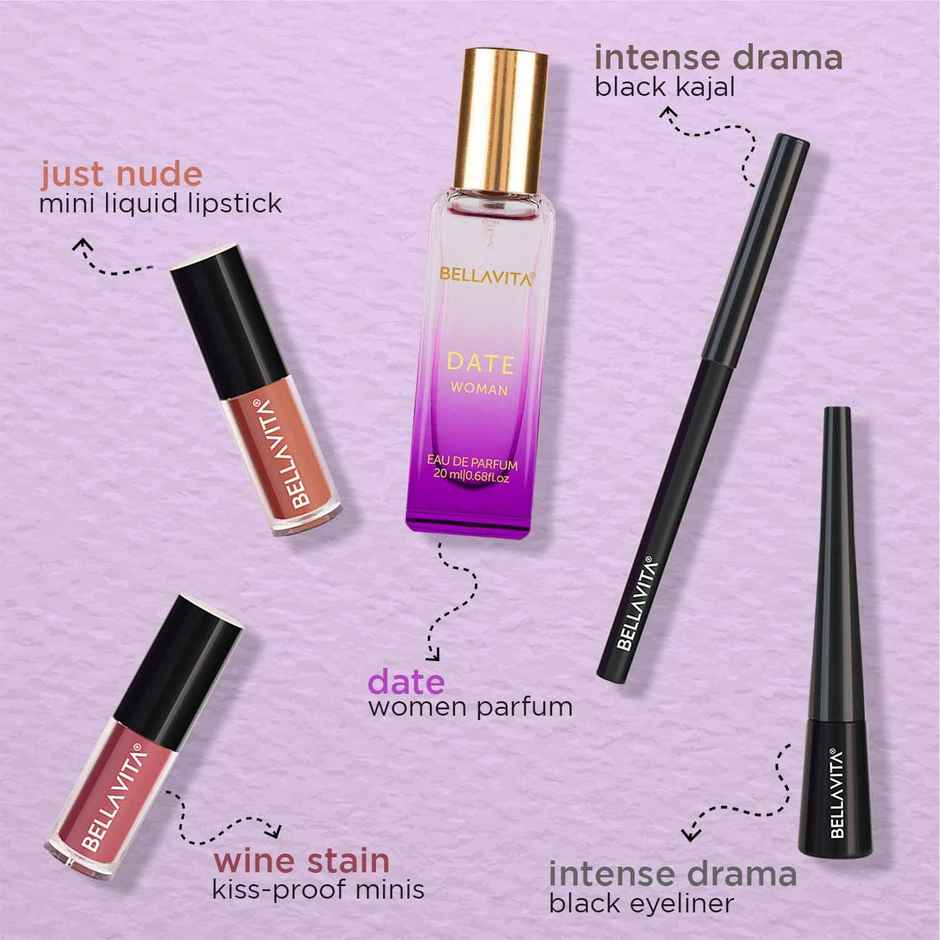 Bella Vita Date Night Gift Set for Women | 2 Mini Liquid Lipstick, Kajal, Eyeliner, Date Perfume