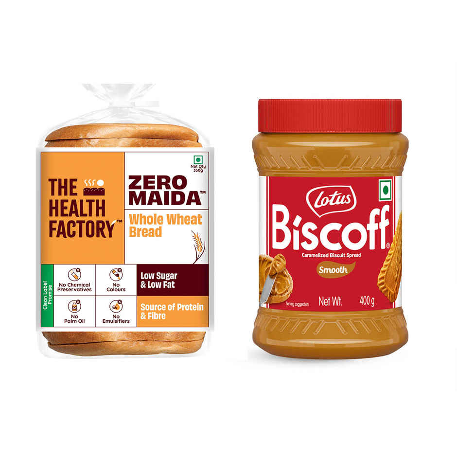 The Health Factory Zero Maida Whole Wheat Bread | Clean Label, Not Brown (350g) & Lotus Biscoff Caramelized Smooth Spread (400g) Combo