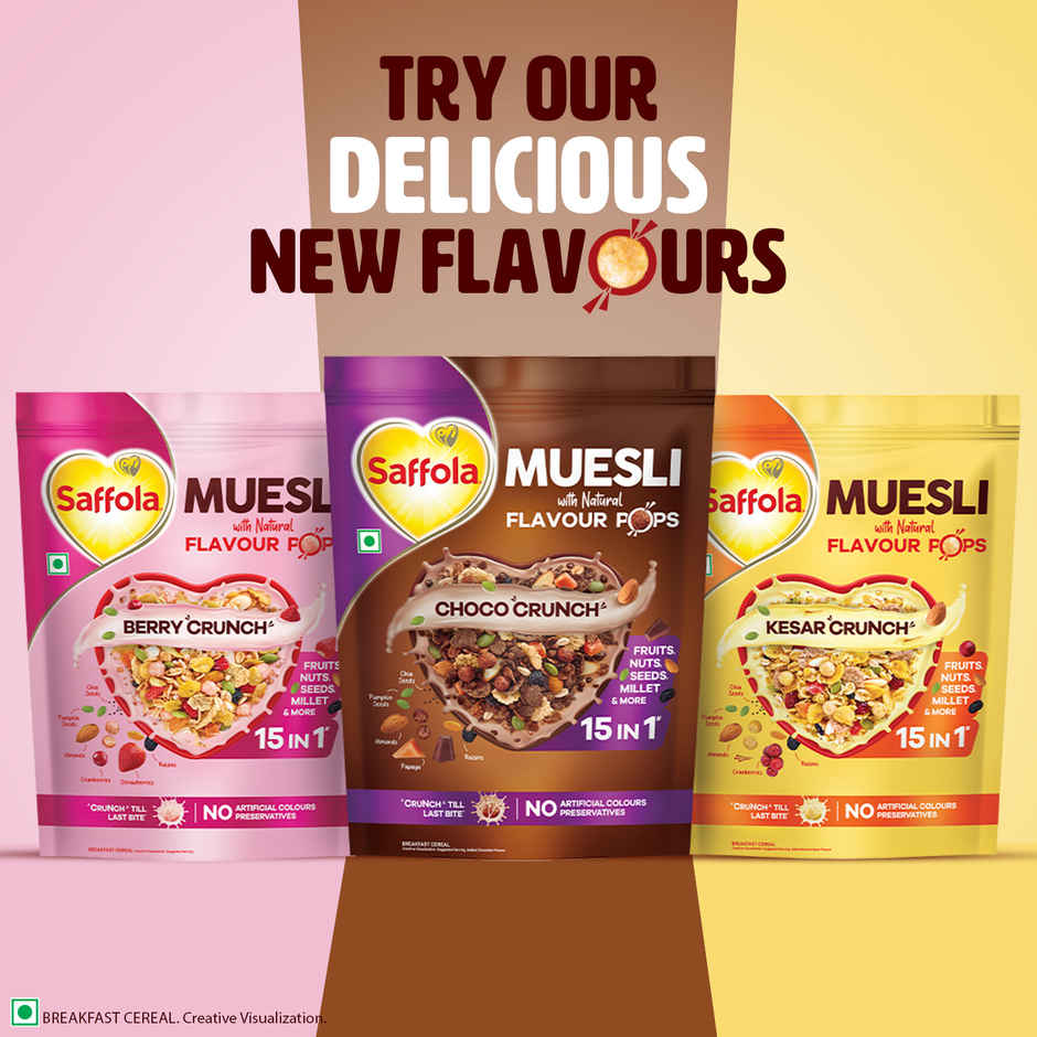 Saffola Muesli Choco Crunch With Flavour Pops, Fruits, Nuts, Seeds, Millets (15 In 1)
