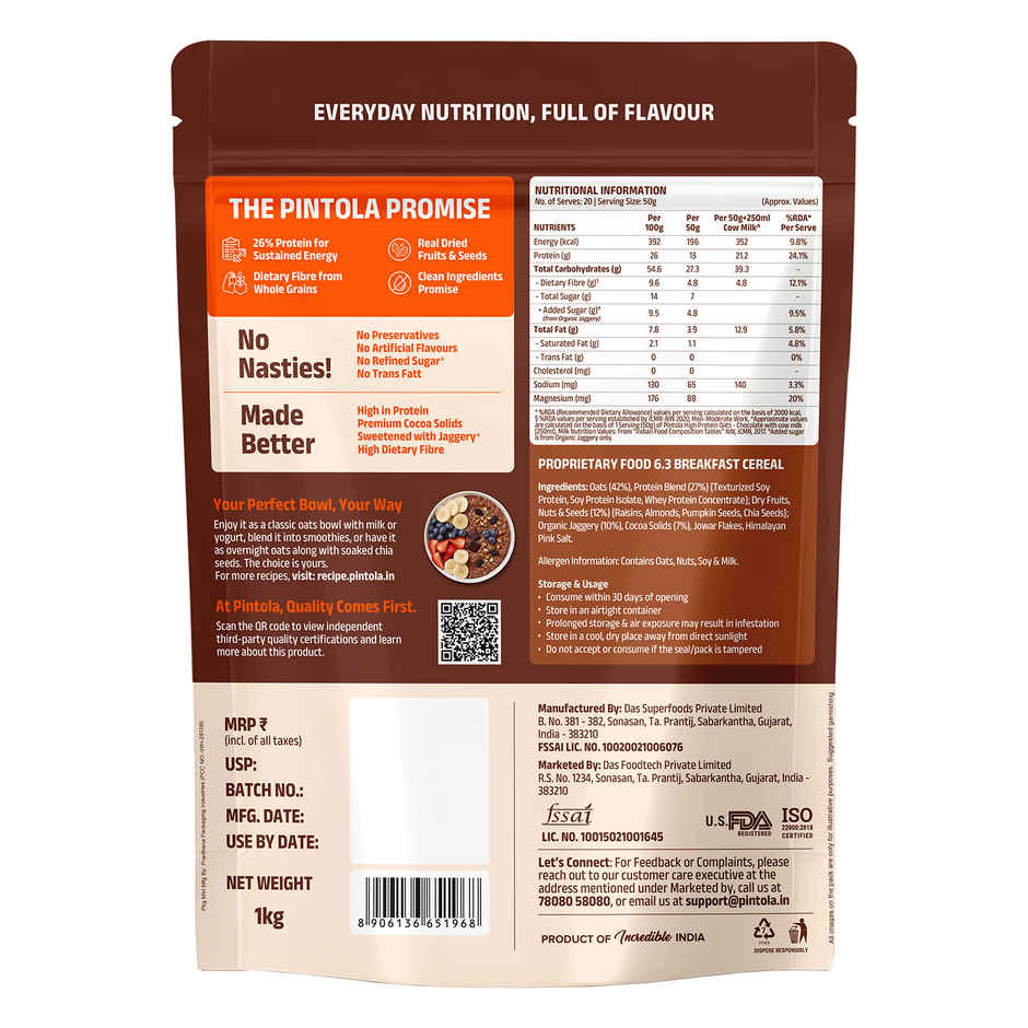 Pintola High Protein Oats Dark Chocolate With Almonds Raisin Pumpkin And Chia Seeds