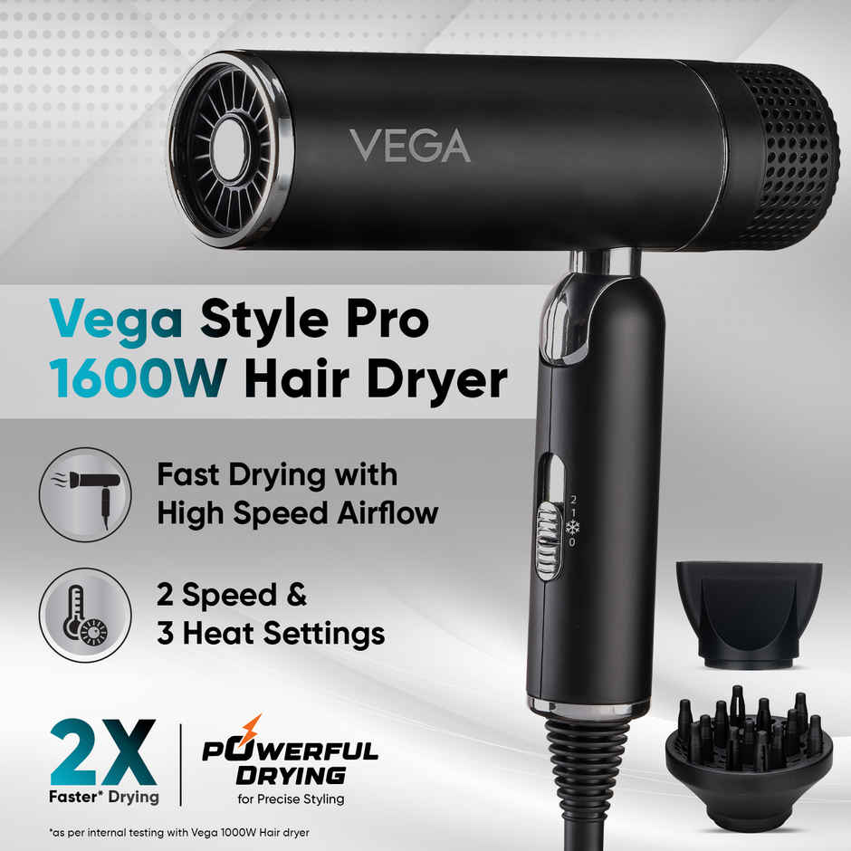 Vega Style Pro Foldable Hair Dryer | 1600W | 2X Faster Drying | VHDH-34, 16 Amp Plug Concentrator(Compatible Only with Large Plug Size)