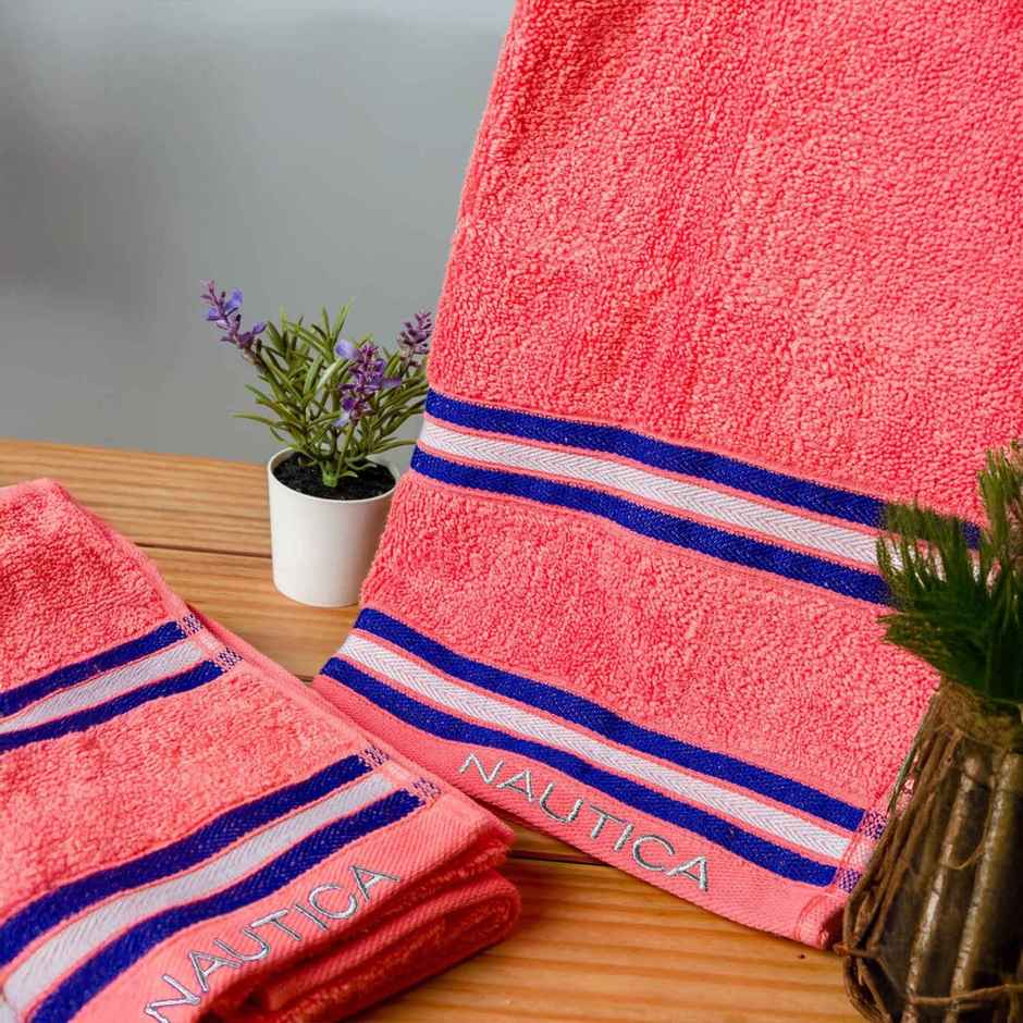 Nautica Super Soft Zero Twist 100% Cotton Towel -1pc Bath Towel | Vintage Crew Stripe Solid-Coral
