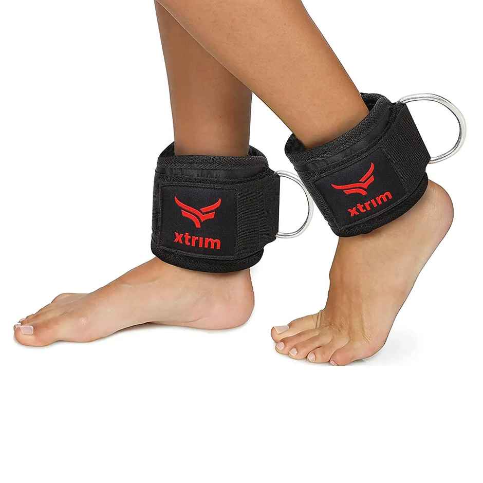 Xtrim Unisex Ankle Straps with Metal D-Rings for Workouts, with Padded Neoprene Support |Red