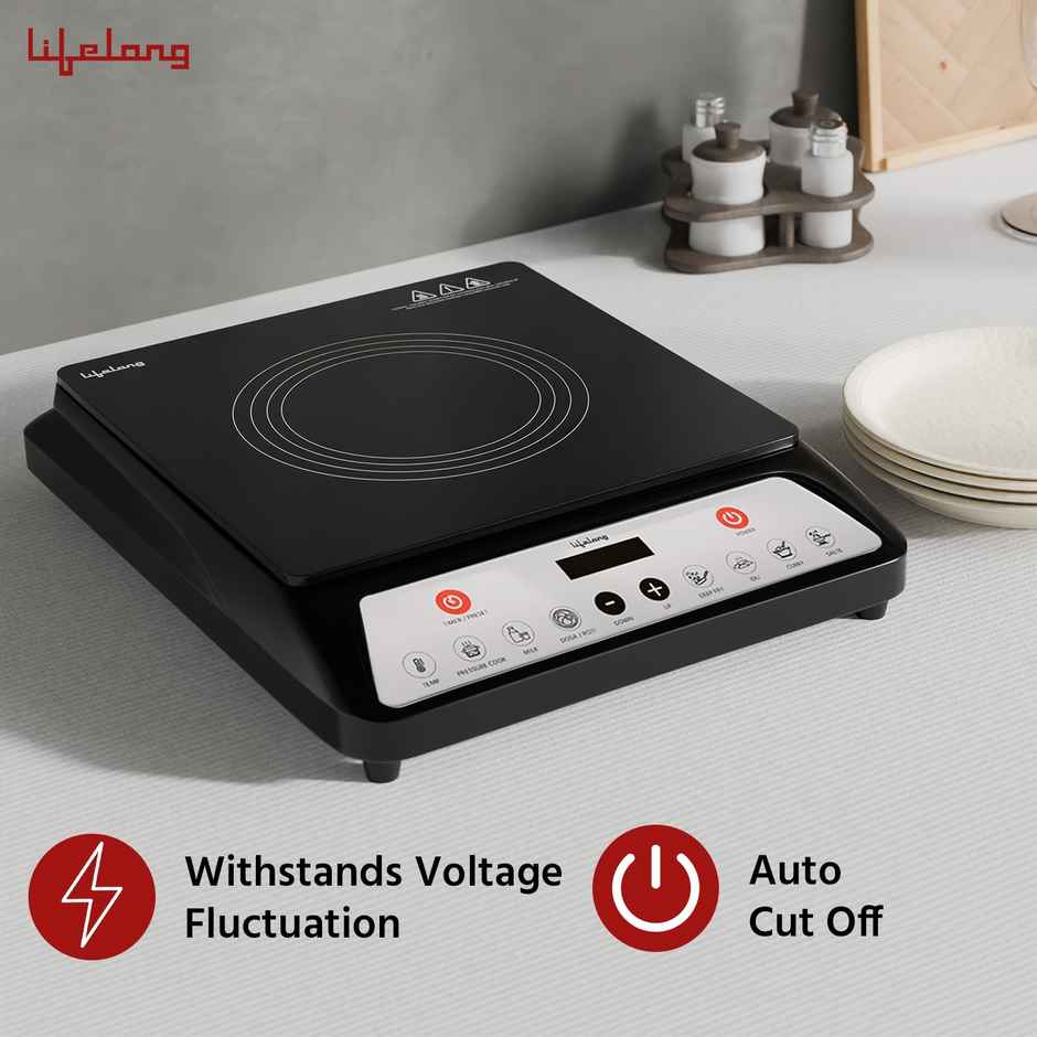 Lifelong LLIC101 1800 W Induction Cooktop With Surge Protection, 7 Preset Indian Menu Options, Auto Shut Off&Temperature Control with Voltage Protection - Black