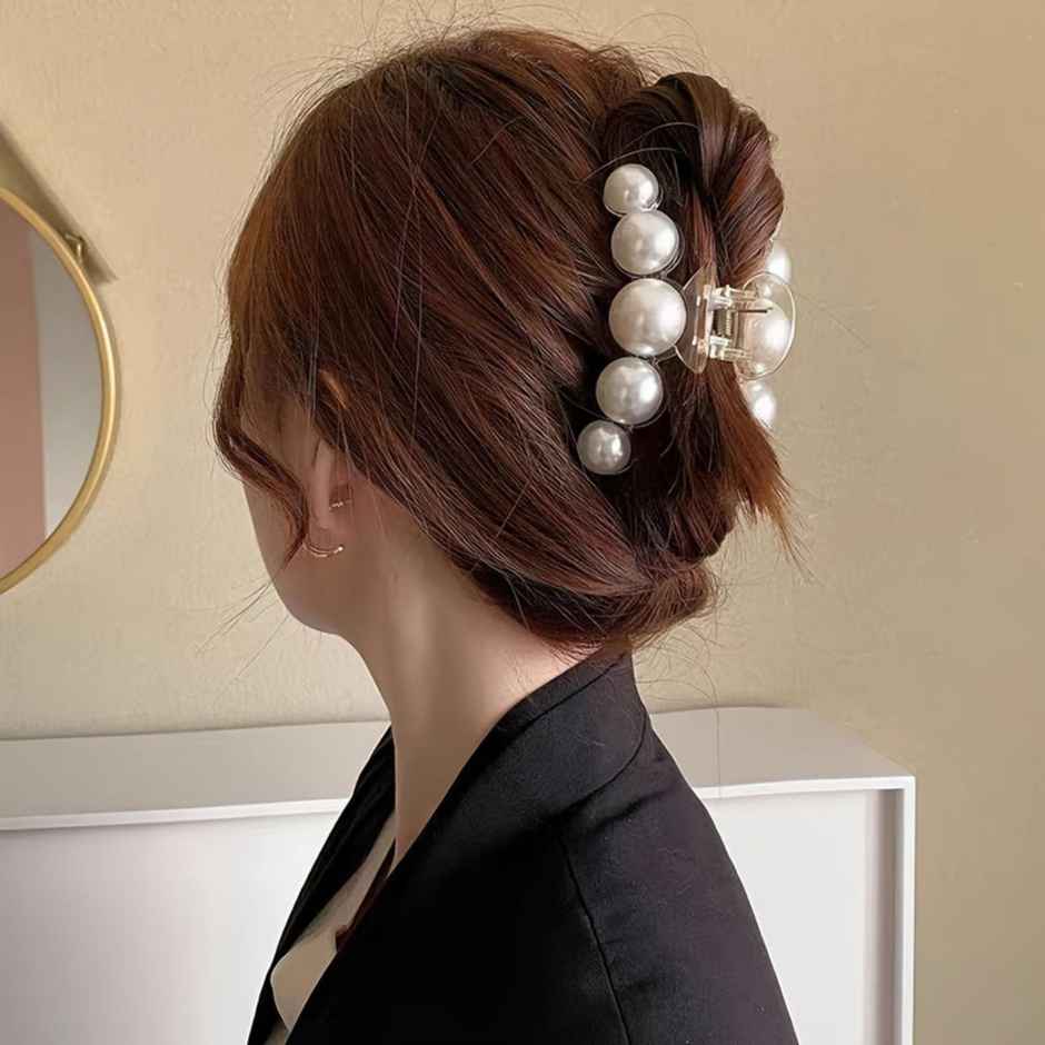 Chronex 1Pc Large Faux Pearl Hair Claw | Chic Acrylic Barrette With Rhinestone Accents | White
