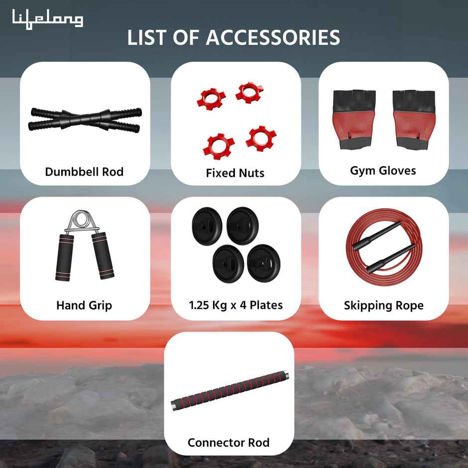 Lifelong 10kg PVC Home Gym Set with Dumbbells & Rods for Workout