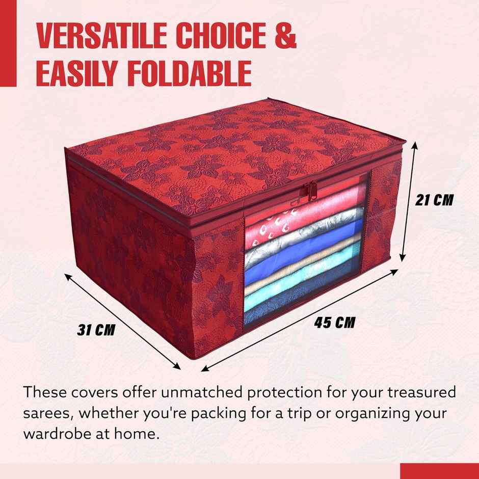 Kuber Industries Non Woven Metalic Print 6 Pieces Transparent Window Saree Cover (Red)