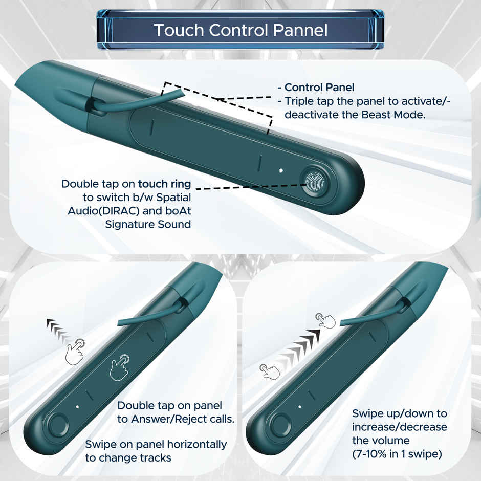 boAt Rockerz 255 Touch BT Neckband w/ 30H Playtime, Full Touch Controls & Spatial Audio (Teal Green)