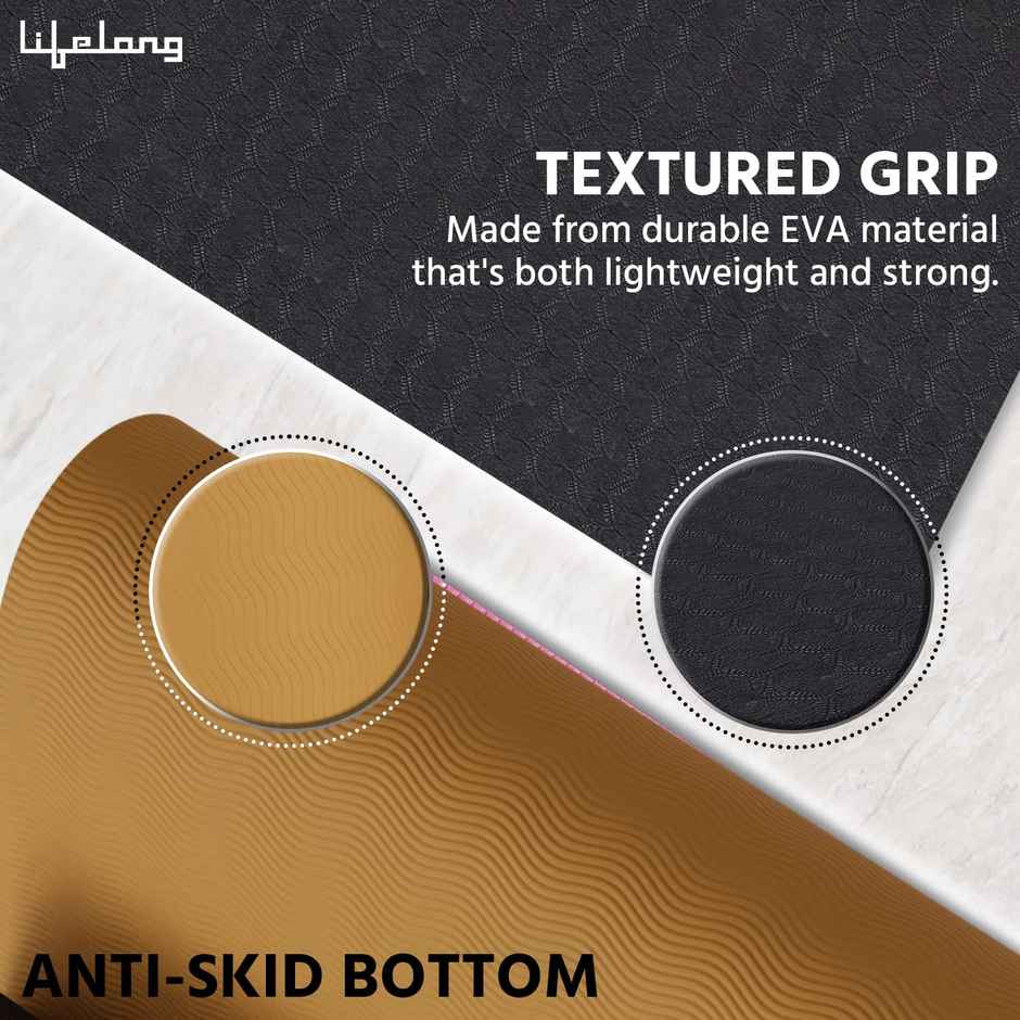 Lifelong 6mm Dual Color Anti-Slip Yoga Mat with Carry bag | Black and Orange
