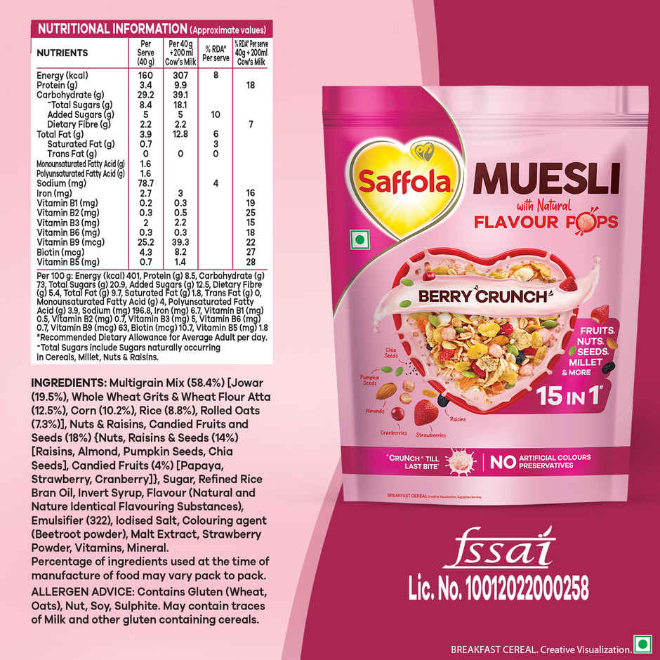 Saffola Muesli Berry Crunch with Flavour Pops | 15 in 1 Fruit and Nuts, Seeds | Millet & more