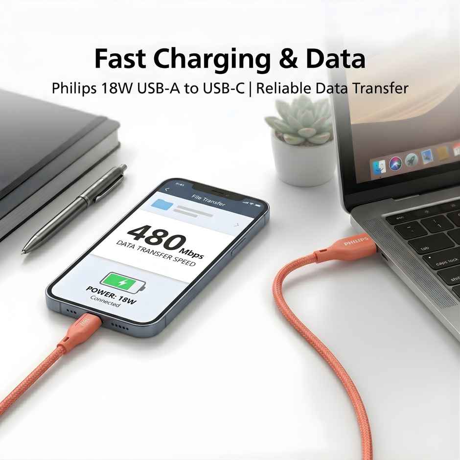 Philips 18W USB A to Type C Fast Charging Cable | DLC4130AR94 | Coral Reef | 1 m