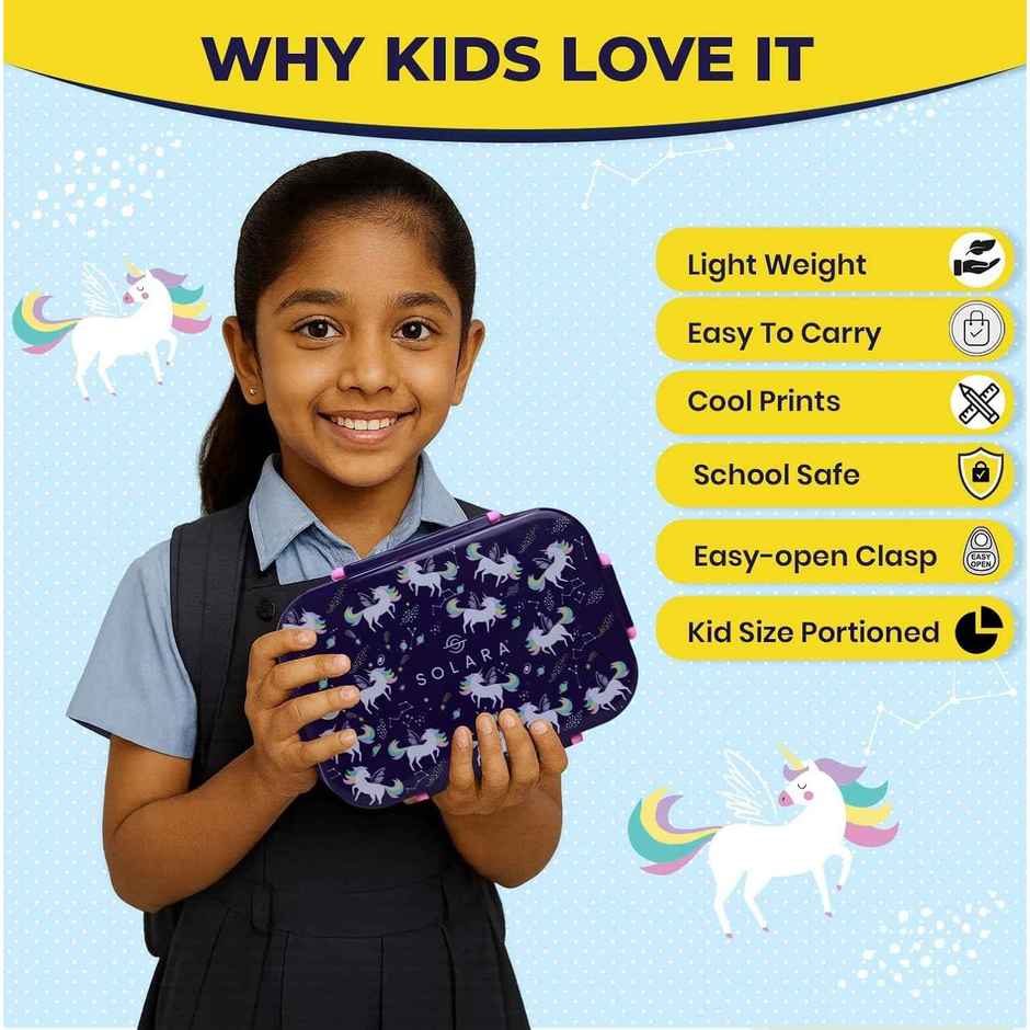 SOLARA Premium Stainless Steel Lunch Box for Kids | Leak Proof | Tiffin Box for Boys/Girls | Unicorn