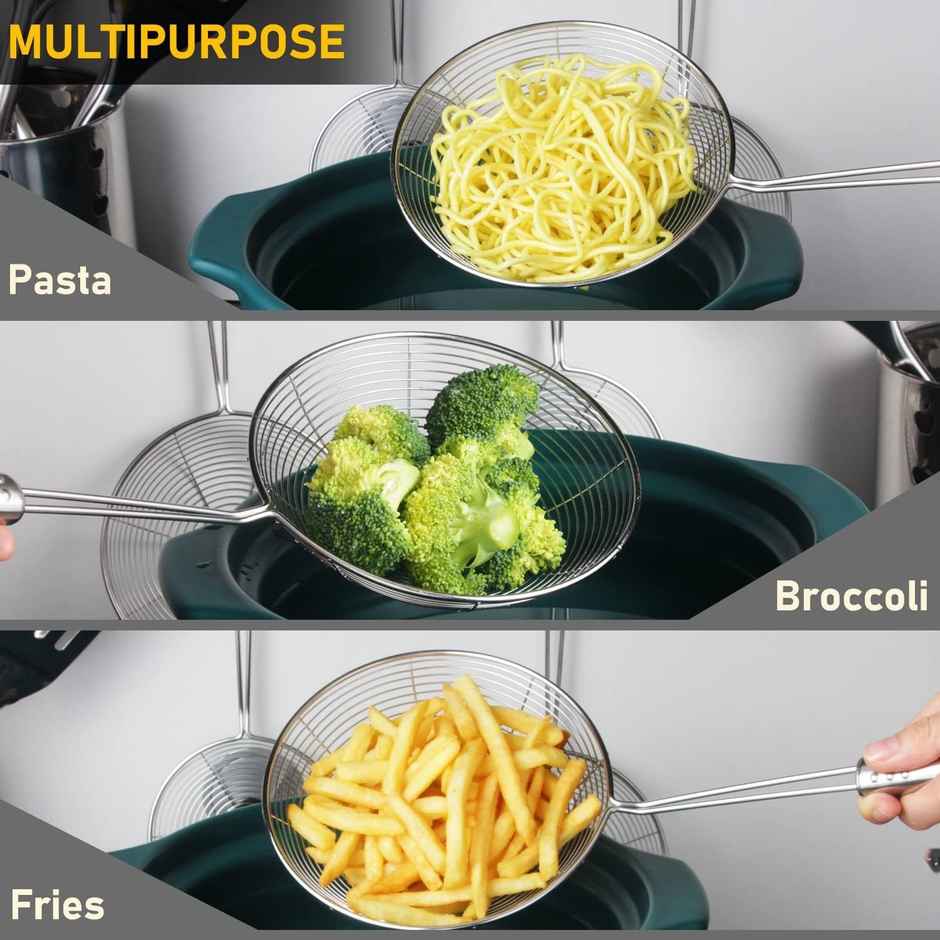 Limetro Steel Stainless Steel Deep Fry Jhara/Puri Strainer With Support Wires And Handle