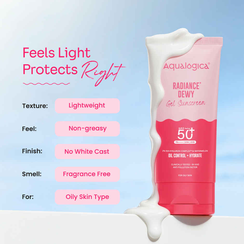 Aqualogica Radiance+ Dewy Lightweight Sunscreen Gel SPF 50+ PA+++ for Oily & Acne-Prone Skin | Tested On GenZ