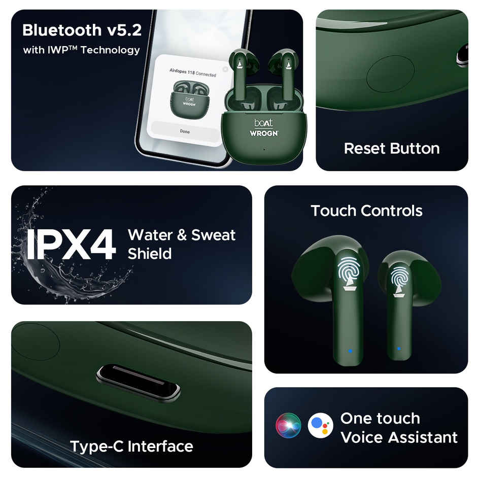 boAt Airdopes 118 TWS Earbuds W/ 50 Hrs Playback, Quad Mics Enx Tech & Beast Mode (Emerald Green)