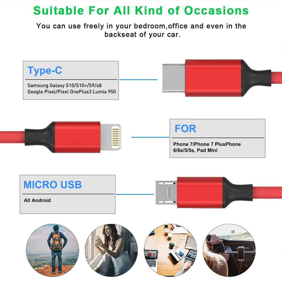 Bestor Multi Charging Cable 3 in 1 Nylon Braided Multiple USB Fast Charging Cable for Android, iOS and Type C Devices USB Port Connectors Compatible Smart Phones & Tablets - Red