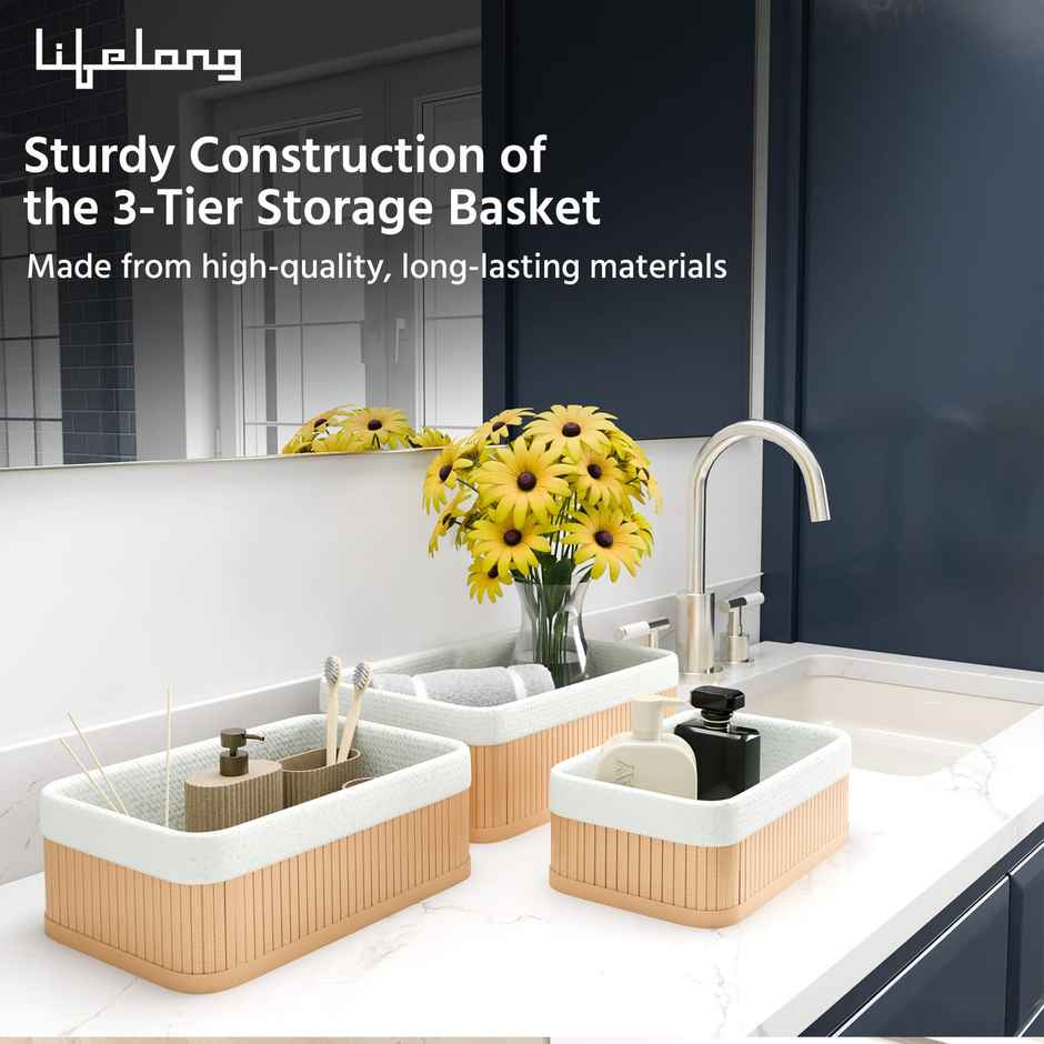 Lifelong Bathroom Organiser | 3-Basket Bamboo | Makeup Basket | Countertop | Water-Resistant Tray