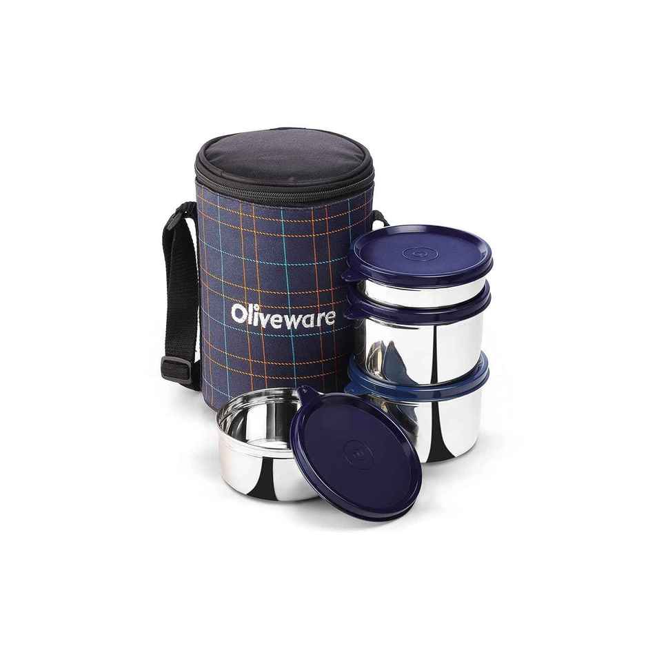 Oliveware Mega Lunch Box, 4 Stainless Steels- Blue